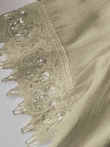 SHEIN LUNE Áo kiểu nữ cỡ lớn cổ nơ, phối bèo nhún, tay ngắn, thời trang, thanh lịch, gợi cảm, tinh tế, hở vai, thích hợp mặc mùa hè. - Màu Khaki - Xem 3