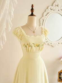 xheVintamour Vestido elegante vintage de mujer con bolsillos, con adorno de encaje bordado, vestido casual de fiesta, vestido amarillo, vestido de té, vestido bordado, vestido del Día de la Madre, vestidos de verano para mujer, ropa de verano, atuendos de verano para mujer, atuendos de festival para mujer, vestidos de festival, atuendo del Día de la Madre, vestidos elegantes para mujer, vestidos casuales para mujer, atuendos de vacaciones para mujer, atuendos de vacaciones para mujer, vestidos de país, estilo de país para mujer, vestido de país para mujerxhe - Amarillo claro - Ver 4