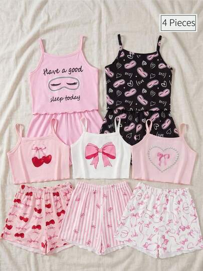 4pcs Cute Print Camisole Top And Shorts Pajama Set, Comfortable Casual Sleepwear For Teenage Girls