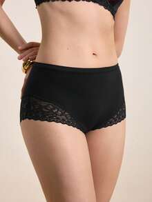 對比花邊平角褲式女性內衣 - 黑色 - 查看 6