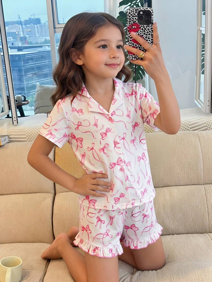 SHEIN 女童针织蝴蝶结翻领开衫和短裤两件套家居服 - 彩色 - 查看 1