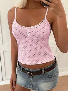 CovetEZ 女士粉色休闲度假甜美波点印花紧身吊带背心 - 粉色 - 查看 6