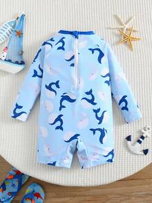 SHEIN Baby Boy/Girl Comfortable Cute Whale Print Striped Long Sleeve Cover Up Swimsuit, Suitable For Outdoor, Vacation, Swimming, Hot Spring, Beach Cover-Up, Spring/Summer Baby Swimwear Baby Beach Wear Toddler Swim Wear - Multicolor - View 3