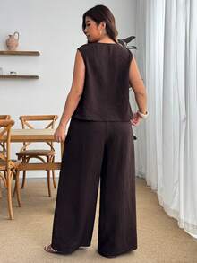 Enliva Plus Size Women's Summer Solid Color Tie Front Top And Pants Set, Casual Elegant Vacation Outfit, For Apple And Rounded Body Shape Bussines Brown - Brown - View 2