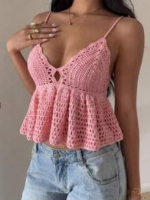CovetEZ Women's Hollow Out Ruffle Hem Camisole Knit Top For Vacation - Pink - View 4