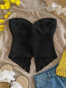 SHEIN Kids Tween Girls' Casual Vacation Minimalist Comfortable Asymmetric Hem Twist Slit Textured Fabric Tube Top Camisole Bowknot Black Strapless - Black - View 2