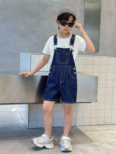 Little Byeori Quần short denim màu xanh dương dáng rộng, thắt lưng rộng, phong cách thường ngày Y2K vintage cho bé trai, thích hợp mặc hàng ngày và dự tiệc mùa xuân hè, lễ hội và các hoạt động đường phố.