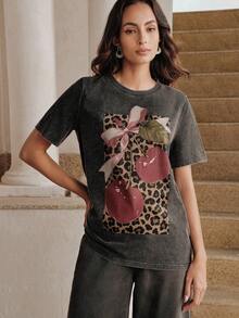 Anewsta Women's Casual Leopard & Fruit Print Round Neck Short Sleeve T-Shirt, Spring/Summer - Grey - View 4