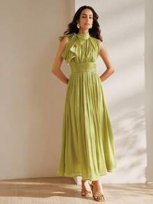 Anewsta Women's Long Dress, Spring/Autumn, Waist Ruched Shiny Elegant Versatile - Mustard Yellow - View 5