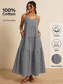Zelara 大码纯棉女士休闲格子印花吊带长裙，适合节日、海滩、度假等各种场合，包括夏季、母亲节、野餐等。 - 彩色 - 查看 8