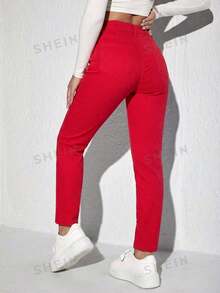 Jeanoix Women's Button Distressed Casual Grunge Versatile Daily Wear Denim Jeans Red Ripped Jeans Music Summer - Red - View 2