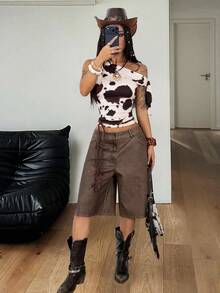 Coolane Tricou de vară pentru femei, stil streetwear, sexy, hippie, Y2k, tricotat, cu imprimeu de vacă, elastic, confortabil, cu bretele, cu umăr dezbrăcat - Multicolor - Vizualizare 6
