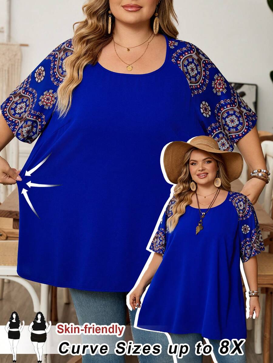 SHEIN CURVE+ 大码纯色圆领短袖休闲衬衫，波西米亚风女装/夏季，西式女装，度假装 - 彩色 - 查看 1