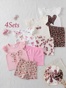 SHEIN Playful Pals 女嬰 4 套裝 粉紅色夏季 T恤短褲套裝 心形豹紋花卉 - 彩色 - 查看 9