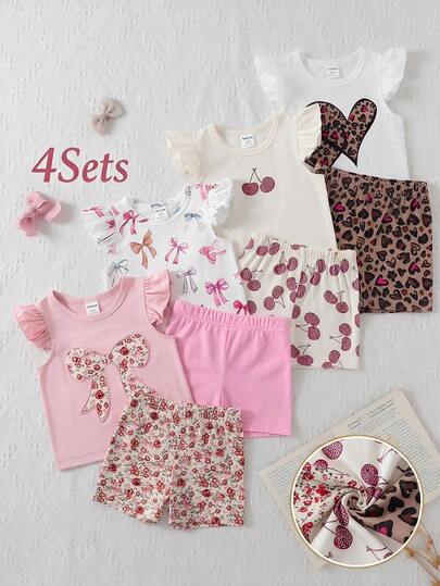 SHEIN Playful Pals 8件套女婴0-3岁春夏休闲日常穿着及外出可爱芭蕾舞女童无袖T恤和短裤套装