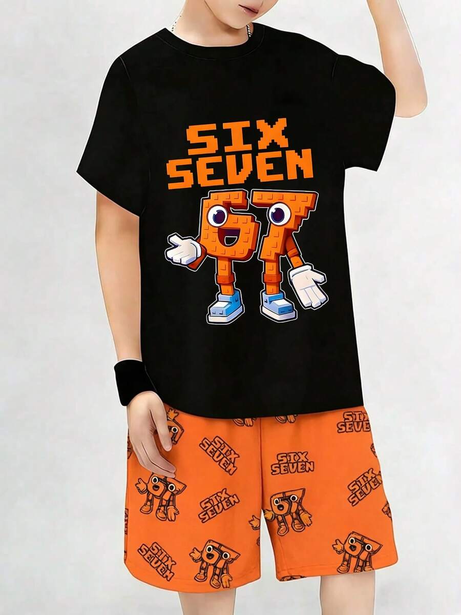 1 Set Boys' 67 Graphic Print Short Sleeve & Shorts Set, Orange & Black, Suitable For Outdoor, Daily Wear, Sports In Spring & Summer - Multicolor - View 1