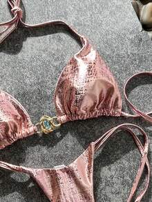 Swim Vcay 性感两件式泳衣，金色纹理面料，饰有水钻，三角胸罩上衣搭配侧系带丁字裤，春夏度假性感女士比基尼套装 - 彩色 - 查看 3