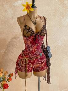 Soleia Áo liền quần hai dây phối ren tương phản in họa tiết hạt điều dành cho nữ, thích hợp cho kỳ nghỉ. - Nhiều màu - Xem 7