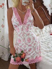 CottageSlumber Sweet Girl Floral Lace Patchwork Bow Back Mini Dress, Sexy Summer Vacation Chiffon Dress In Pink - Pink - View 6