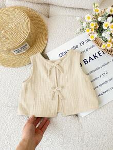SHEIN LMoss Kids Áo vest mùa hè dễ thương, thoải mái, đa năng với nơ cho bé gái. - Màu be - Xem 4