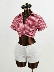 SHEIN BamGlam Áo sơ mi nữ kẻ caro xếp ly, kiểu dáng thường ngày, đa năng. - Đỏ - Xem 4