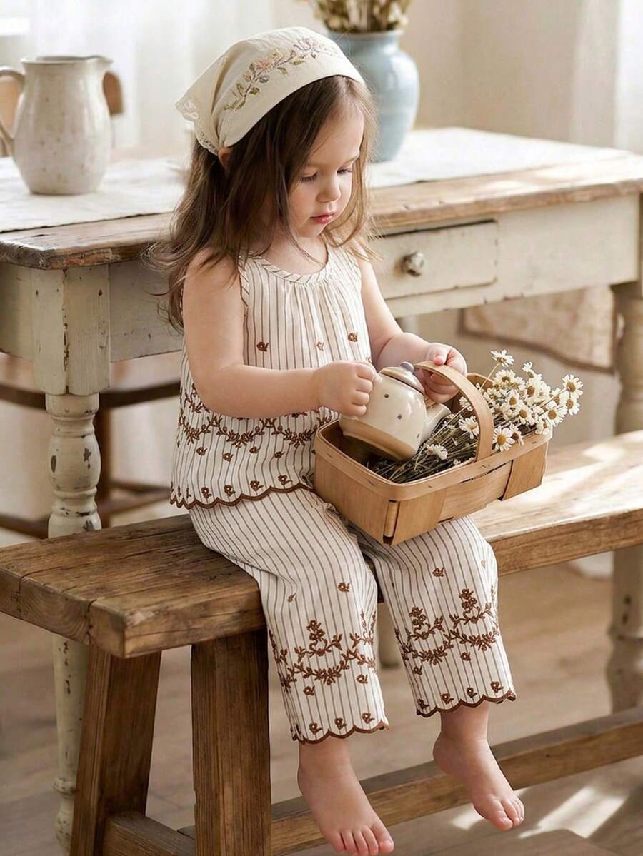 SHEIN Vintaside Kids 女嬰夏季藍白條紋刺繡花邊無袖上衣與寬腿褲套裝，寬鬆版型日常出遊雞尾酒風穿搭