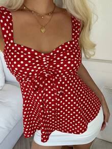 CovetEZ Áo tank top nữ kiểu dáng thường ngày, in chấm bi đỏ, xếp ly, thích hợp mặc nhà. - Đỏ - Xem 6