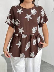 Enliva Plus-Size Casual Vacation Style Blouse With Seashell And Star Embroidery Pattern, Loose A-Line Silhouette, For Apple And Rounded Body Shape Gym Brown - Brown - View 3