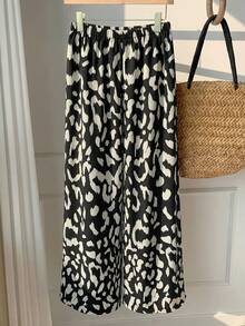 SHEIN EZwear 2026 女士黑色豹纹抽绳长裤，夏季 - 黑色 - 查看 3