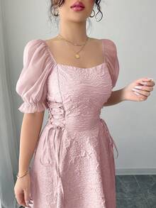 Modelyn Vestido largo para mujer con mangas de pétalos transparentes, cintura ceñida y dobladillo acampanado - Rosa - Ver 2