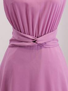 Teen Girl Solid Color Round Neck Twist Waist Design Sleeveless Dress - Purple - View 3