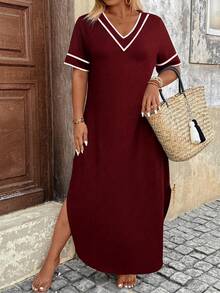 Breezaya Plus Size Women Striped V-Neck Short Sleeve Casual Dress - Burgundy - View 5