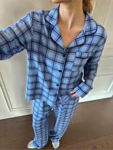 Napfluff Grün & Schwarz karierter Damen Lässig Langarm Pyjama Set mit Kragen - Blau - Übersicht 3