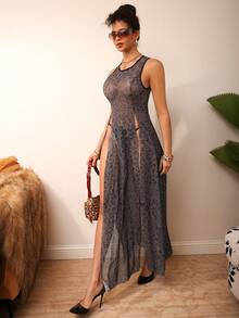 Bare Chapter Women's Sexy Gray Leopard Print Mesh Nightgown + G-String 2 Pieces Set - Multicolor - View 4
