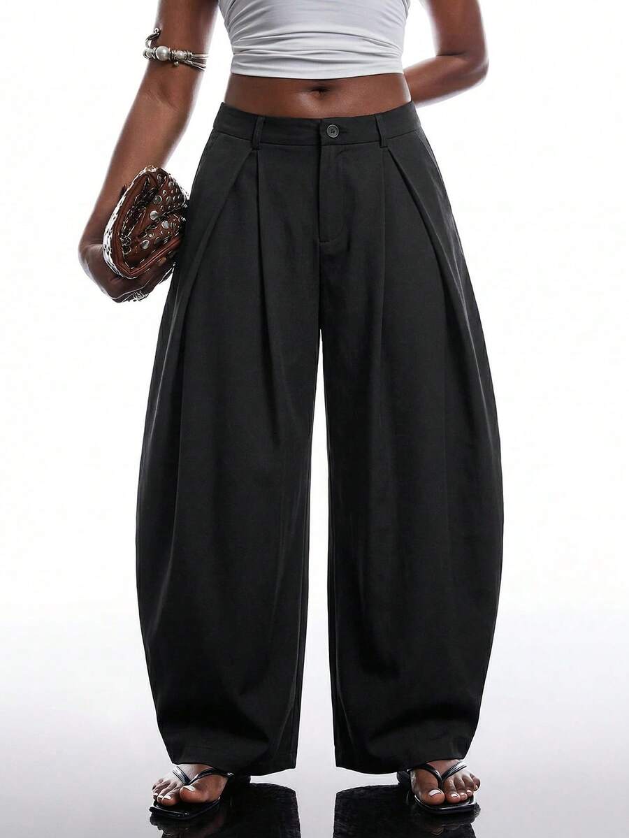 SHEIN EZwear 复古休闲街头风宽松橄榄绿弧形裤脚大码长裤，秋冬款 - 黑色 - 查看 1