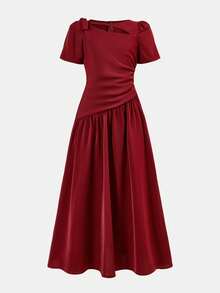 Firerie Kids Tween Girls Elegant Burgundy French Hollow Collar Tie Waist Ruffle Graceful Dress - Burgundy - View 2