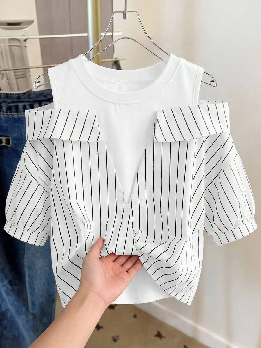 Tween Girl Striped Off-Shoulder Short Sleeve Casual Shirt - White - View 1