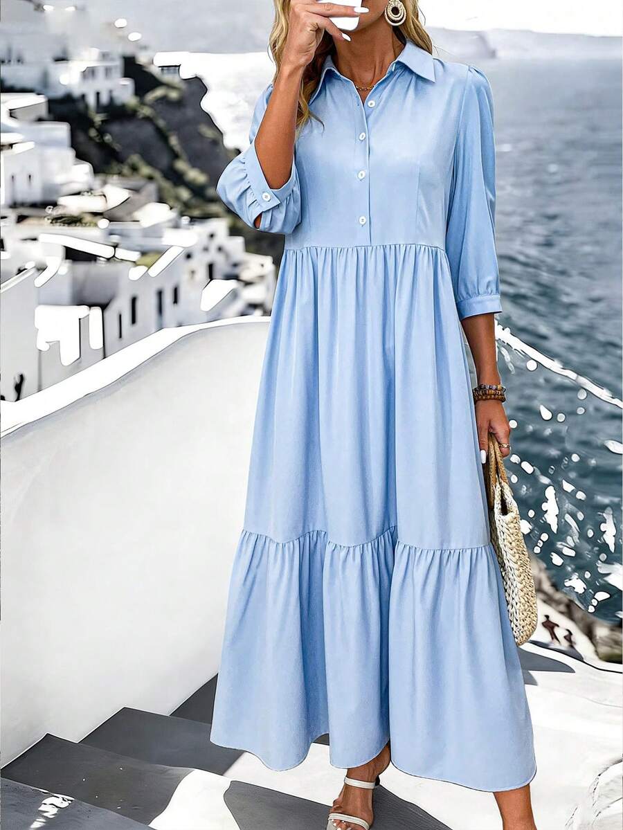 Women's Long Sleeve Button Up Half Placket Dress Maxi Women Outfit - Blue - View 1