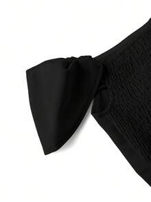 Endroma Áo croptop nữ kiểu Pháp thanh lịch màu xanh dương với thiết kế xếp ly, thắt eo, tôn dáng, thời trang, cao cấp, sang trọng cho mùa hè. - màu đen - Xem 8