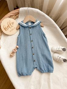 男婴/女婴海军蓝翻领撞色复古纽扣无袖连体短裤，休闲百搭学院风，适合度假、上学、居家和外出，夏季穿着 - 霧霾藍 - 查看 3