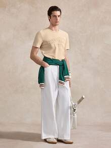 Courvante 男士现代休闲卡其色布鲁克林纽约字母图案短袖针织圆领常规长度落肩T恤 - 卡其色 - 查看 2