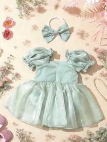 SHEIN Vestido de mono para recién nacido de 0-3 meses, con lentejuelas brillantes, color verde, conjunto de verano con diadema de lazo para sesión de fotos de bebé niña, accesorios de fotografía para bebé niña - Multicolor - Ver 9
