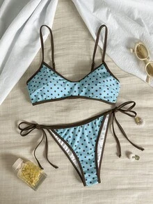 Swim Mod 女士两件套热带可爱波点印花抹胸比基尼上衣+系带三角比基尼泳裤，热销沙滩度假休闲优雅比基尼套装 - 彩色 - 查看 3