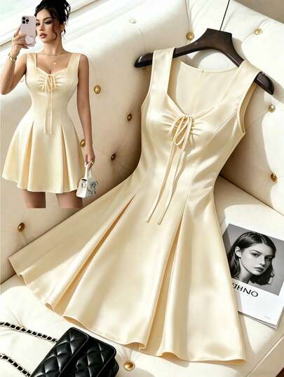 Elenzga Đầm nữ không tay, màu trơn, thắt nơ phía trước, kiểu dáng thanh lịch.