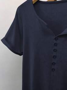 Franclia Women's Casual Retro Minimalist Mori Girl Commuter Button Short Sleeve T-Shirt - Navy Blue - View 3