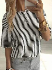 FRIFUL Women's Wavy Striped Loose Contrast Trim Short Sleeve T-Shirt, Summer Casual Wear - Black and White - View 10