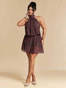 SHEIN BAE Plus Size Women's Brown Polka Dot Mini Dress,Elegant Halter Tie Neck Mesh Summer Wedding Guest Dress,Halter Backless Party Vacation Beach Outfits - Brown - View 3