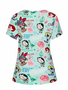 PopScrub THE POWERPUFF GIRLS X SHEIN 女士清新浅蓝色沙漠印花V领工作服，适合工作、通勤、护理等场合 - 彩色 - 查看 2