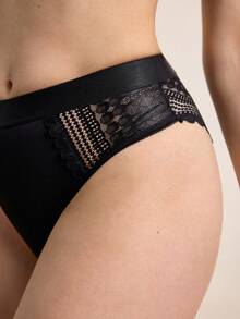 High Waist Contrast Lace Plain Brief Panties Lingerie - Black - View 7