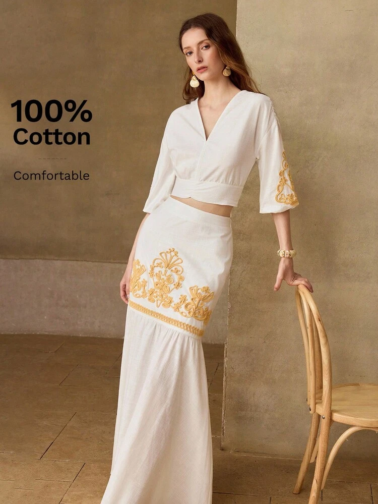 NEW VACATION STYLE WOMEN'S V-NECK EMBROIDERED CROP TOP & MERMAID SKIRT , SLIMMING ELEGANT 2-PIECES SET